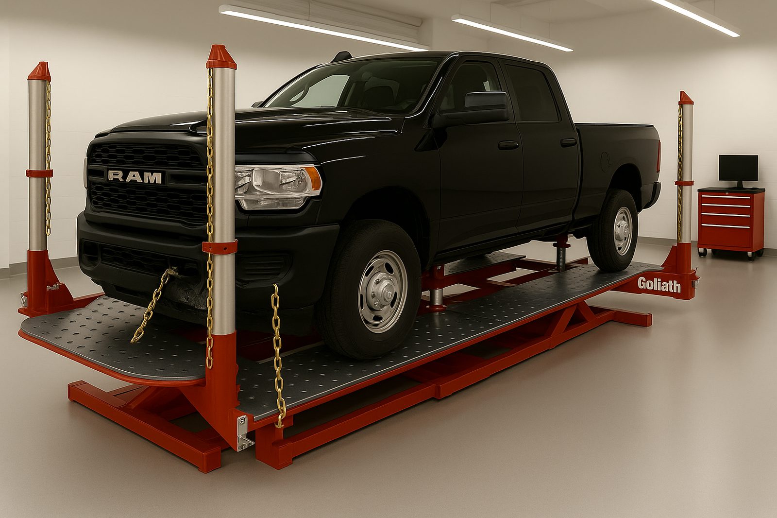 Ram 2500 crew cab on the Goliath frame rack at Bob Weaver Collision