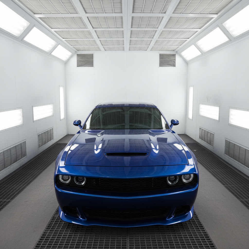 Freshly painted car inside professional downdraft paint booth