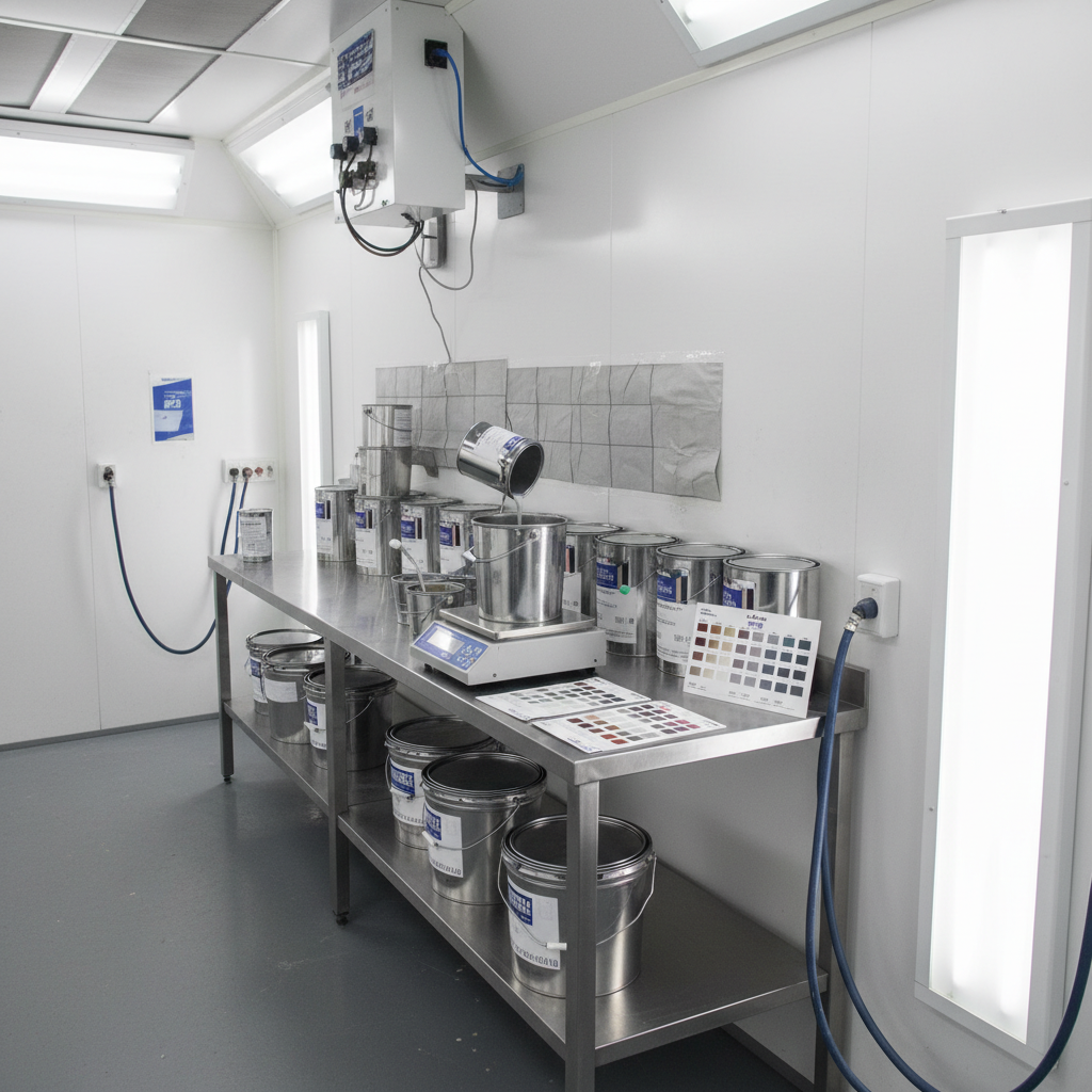 Auto paint technician mixing custom paint at mixing station