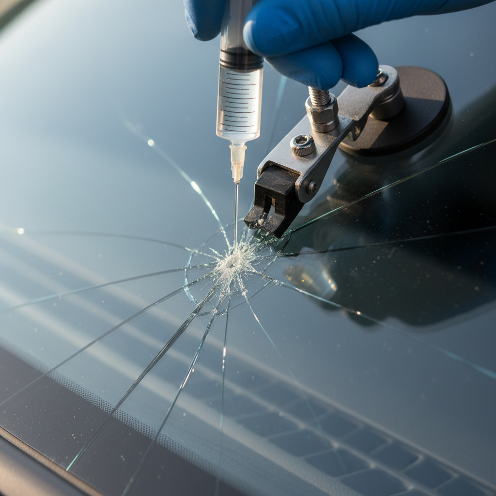 Windshield chip being repaired with professional resin injection tool